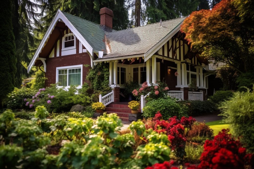 Une maison marron avec un beau jardin